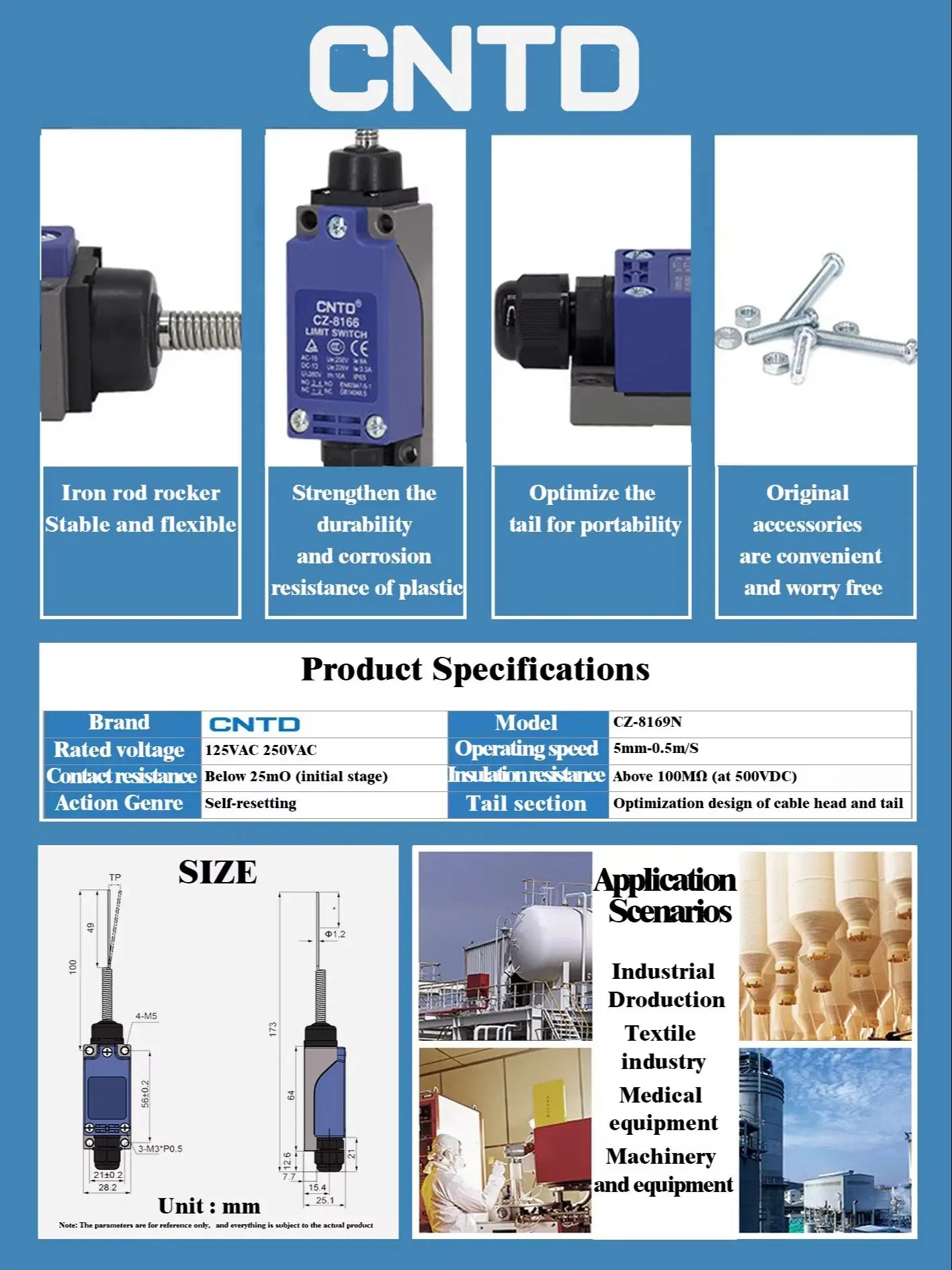 CNTD CZ-8169N 10A IP67 Spring Rod Vertical Limit Switch 250VAC 1NO 1NC SPDT Zinc Alloy Industrial Automation