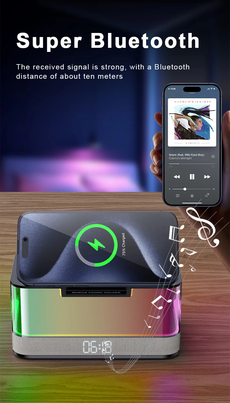 Domars Wireless Charger with Colorful Night Light and Built-In Audio Speaker Supports Fast Charging for Smartphones Earphones