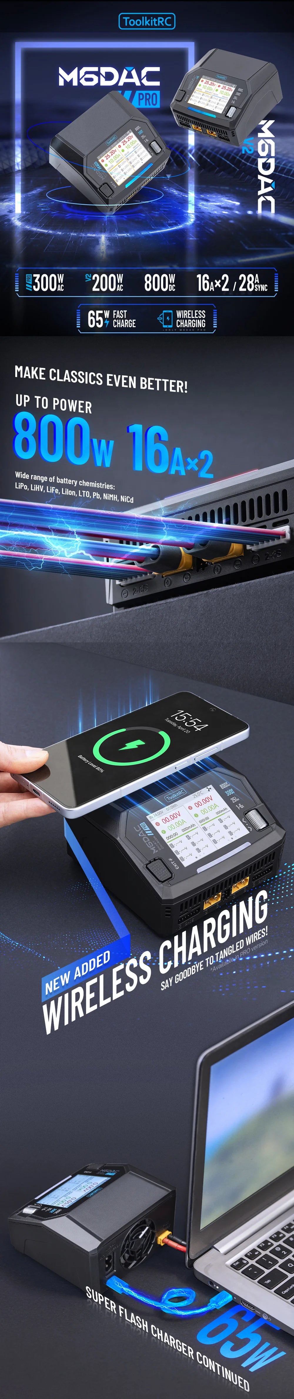 ToolkitRC M6DAC PRO V2 Intelligent Charger Dual Channel AC 200W DC 800W 16A Lithium Battery 1S 2S 3S 4S 5S 6S LiHV Lipo PD65W