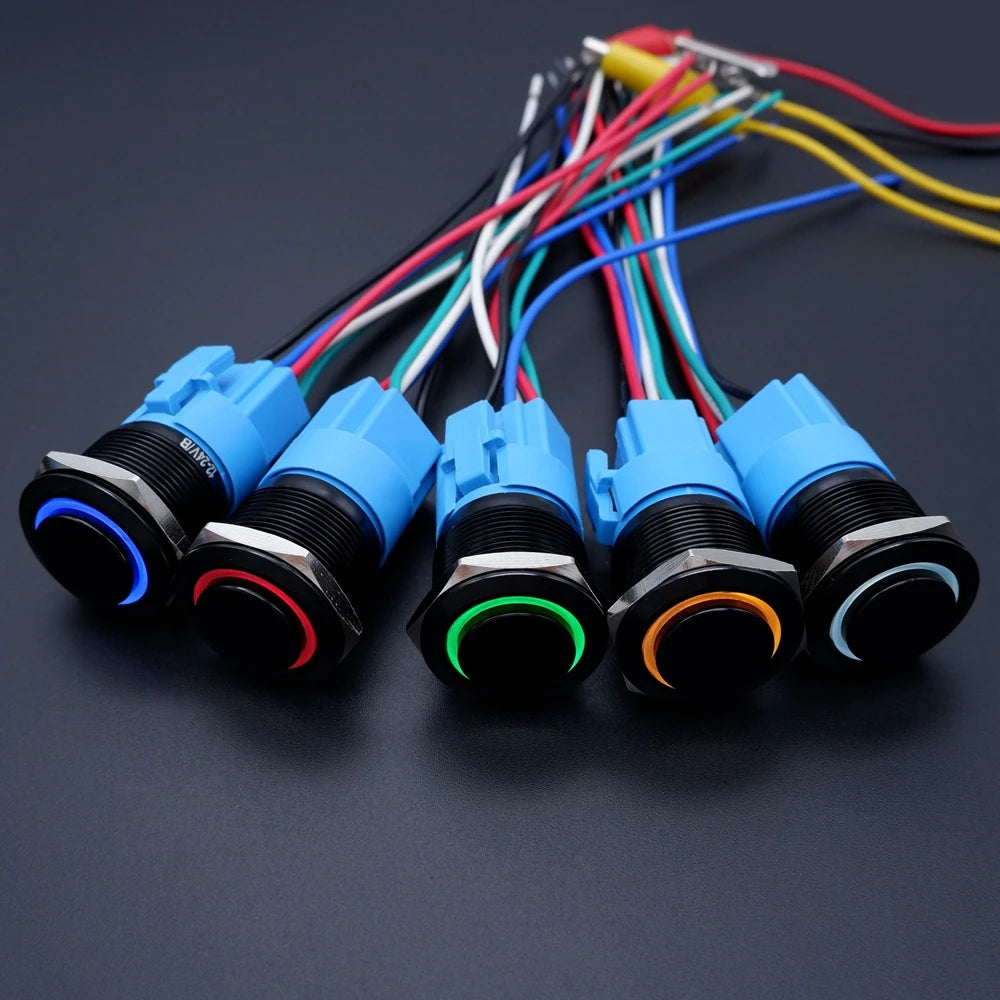16mm 19mm 22mm Black On Off Metal Button Switch Car Power Start Stop Led Light Waterproof Reset Latching With Socket 5V 12V 220V