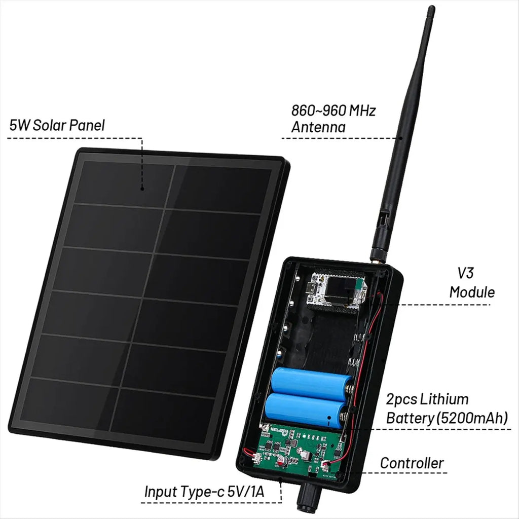 D5 Solar Node with 5V Solar Panel Heltec ESP32 LoRa 32 V3 for WiFi Meshtastic LoRaWAN Built in 5200mAh Battery