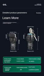 22mm Key Knob Switch 1NO/2NO/1NO1NC 2/3 Position Self Locking Select Rotary Switch Power Conversion Switch 5A on Off
