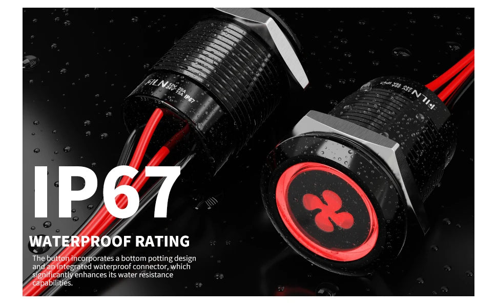 2pcs 19mm Blue LED Latching Push Button Switch, 12V-24V Wide Voltage 20A IP67 Waterproof Marine Switch with 180 Symbols for Car