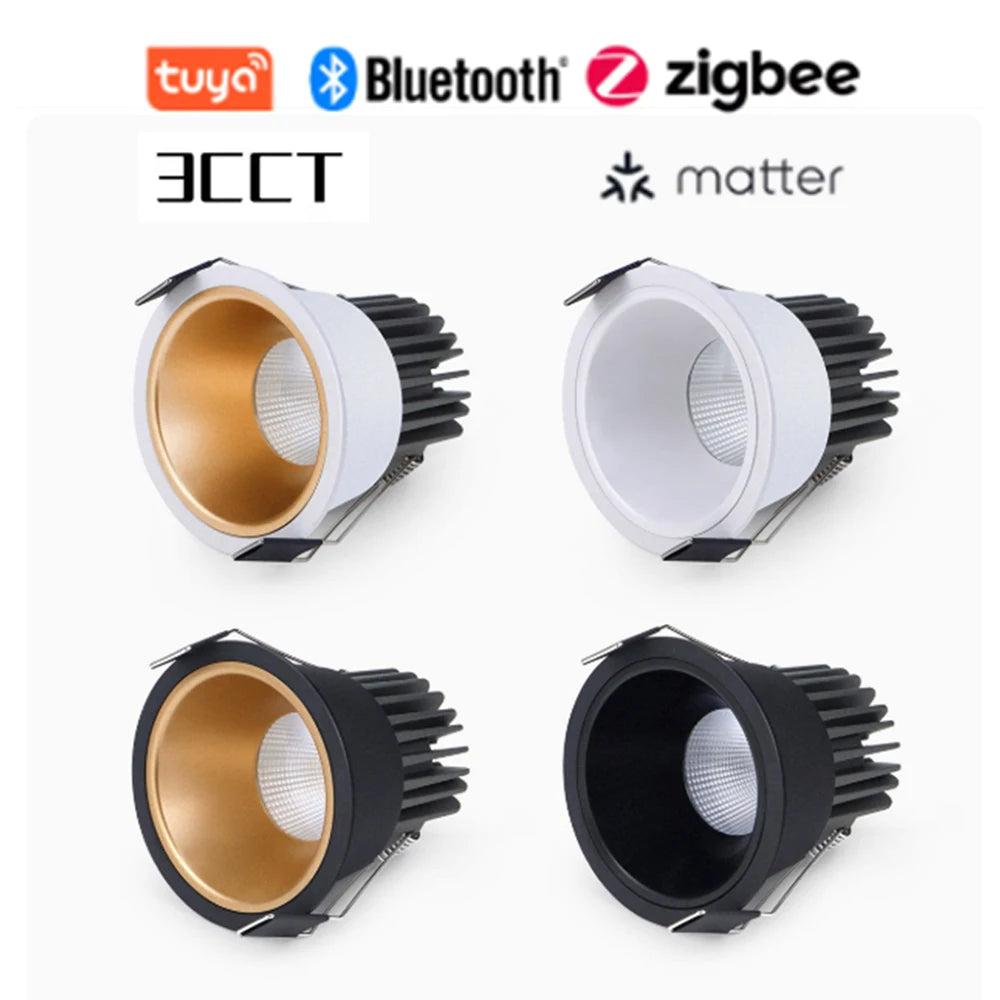 Recessed COB Spotlights 3CCT TUYA Bluetooth/Zigbee Matter Dimmable LED Downlight 110/220V Dimmable Ceiling Lamp Bedroom Kitchen