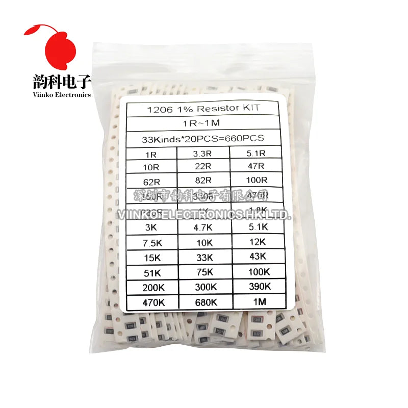 0402 0603 0805 1206 1210 2512 SMD Resistor Assorted Kit 10K 100K 1K 1R 100R 220R Resistance 1% 5% Sample Pack
