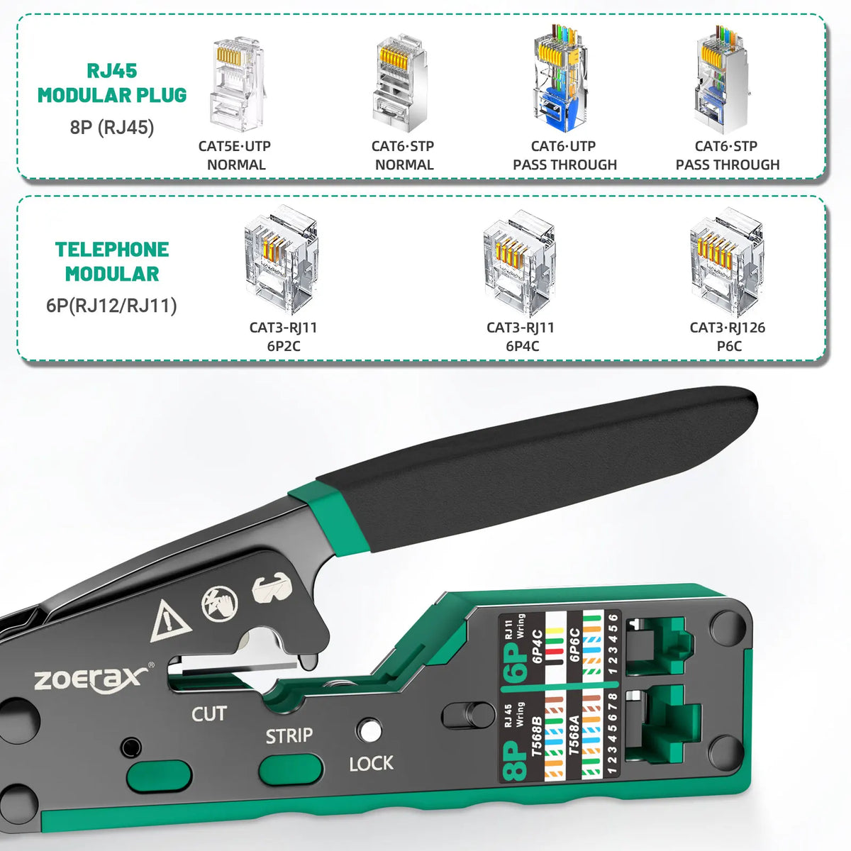 ZOERAX RJ45 CAT6 CAT5E Pass Through Crimp Tool Network Crimping Tool For Cat5 Cat5e Cat6 8P8C Connector with Spare blade