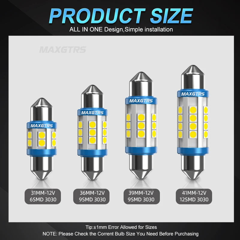 2x C5W LED Bulb CANBUS 12V Festoon 31mm 36mm 41mm C10W Car Interior Light License Plate Reading Lamp 3030 SMD 6000K White 12V