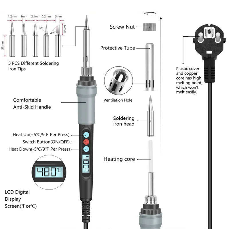 90W Electric Soldering Iron  Adjustable Temperature Digital  LED Display Electronic Welding Repair Tools Solder Tin Iron Tips