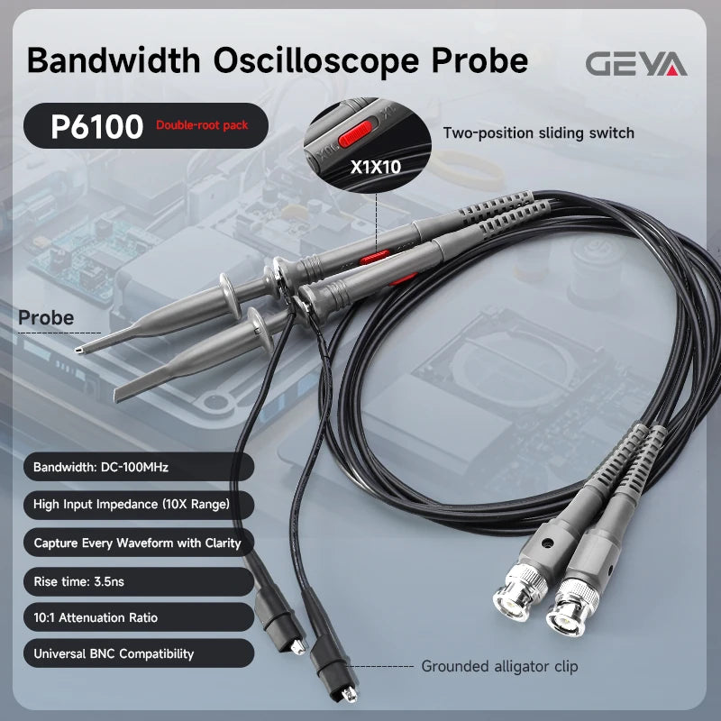 GEYA 2 Pcs 100 MHz Oscilloscope Probe 1X/10X Adjustable Attenuation Switch BNC Clip Test Lead Input Voltage10:1 Scope Probe Kit