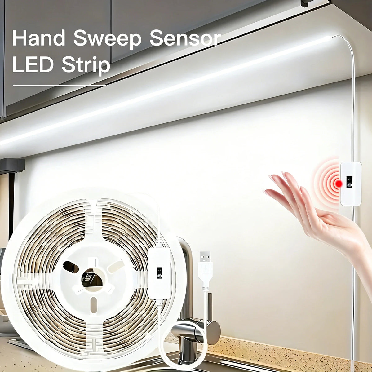 Motion Sensor LED Strip Lights, Cool White LED Tape USB Powered 5V, Single Color Flexible Light Strip, Indoor DIY Decoration Lighting for Home Wardrobe Counter
