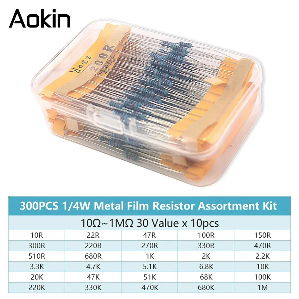 300/600PCS 1/4w Metal Film Resistor 30 Values Resistance Kit 10R-1M 0.25W 1% Resistors Set