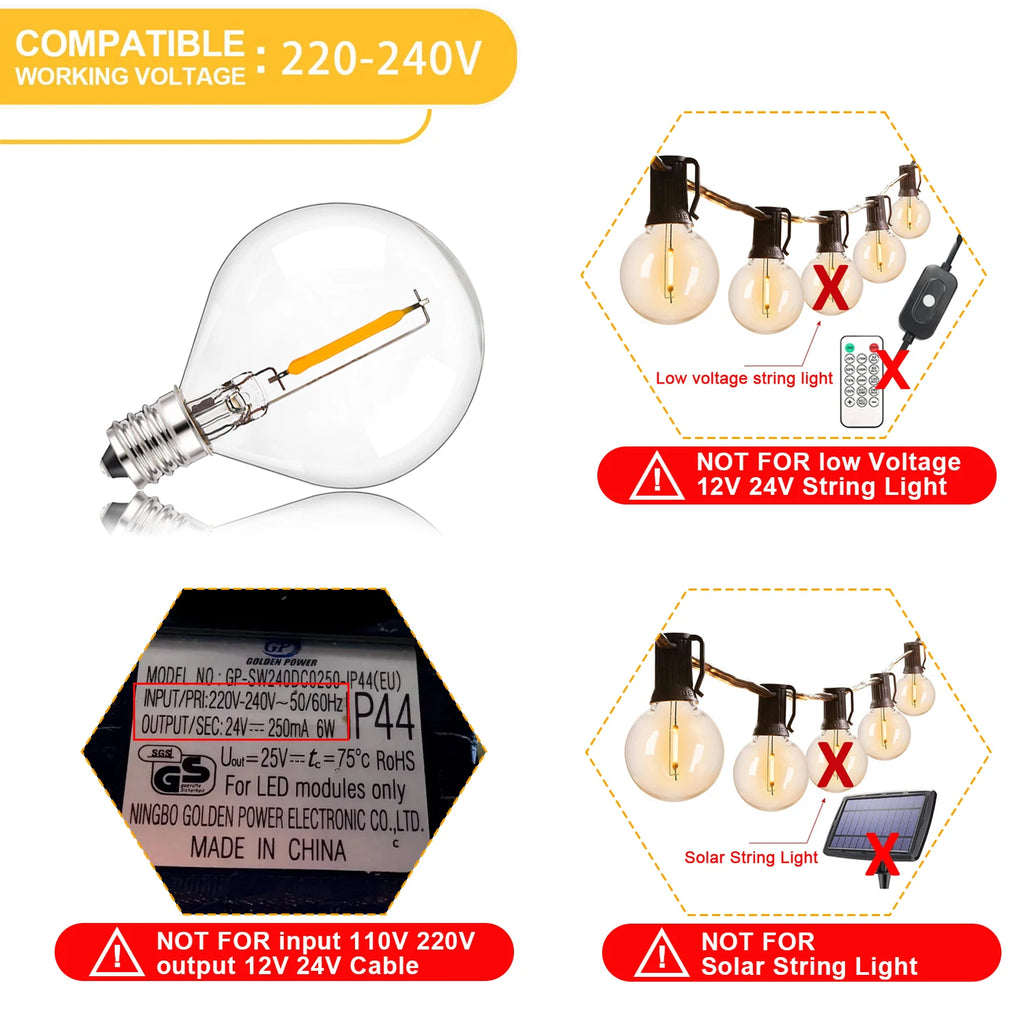 G40 LED String Light Replacement Bulbs E12 220V 110V Globe Light Bulb Warm White 2200K 10W Equivalent Indoor Outdoor Decor