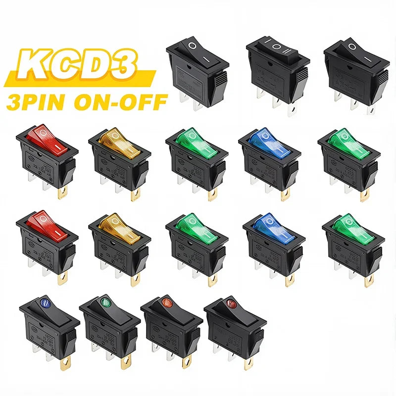 5/20Pcs KCD3 Rocker Switch 3 Pin 2 Position ON OFF 16A 250V 220V 20A  Boat-shape Electric Toggle Switch with LED Light