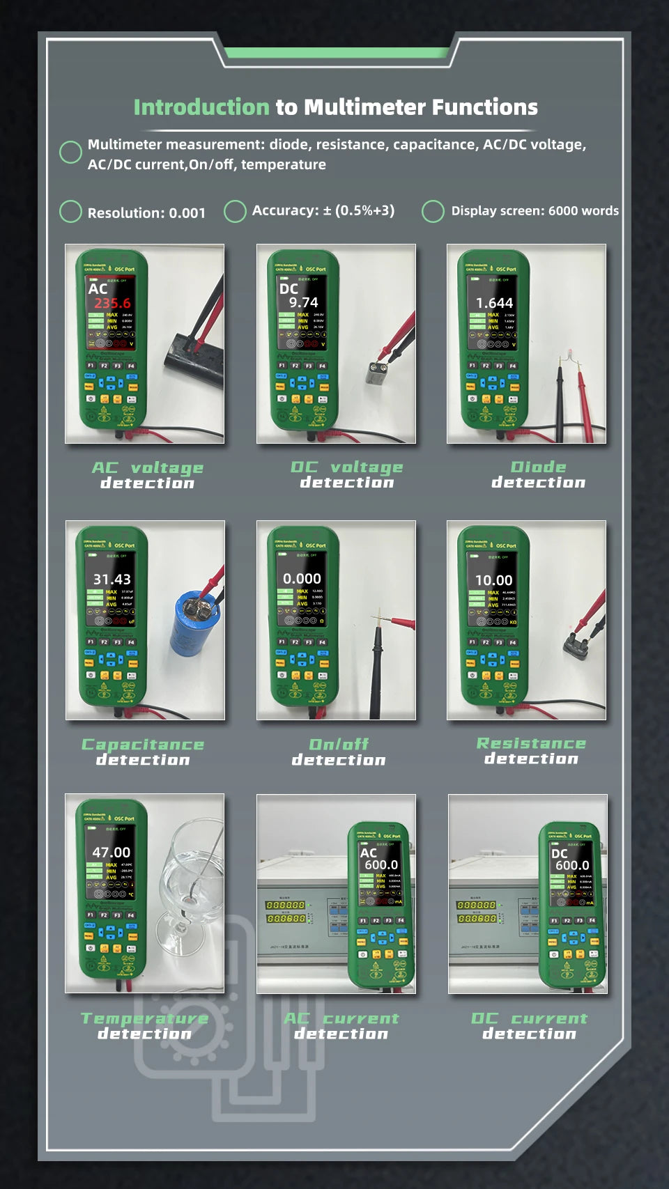 BSIDE 4-IN-1 Handheld Oscilloscope Digital Multimeter+Function Signal Generator Dual Channel O7:25MHz/O9:50MHz Current Tester
