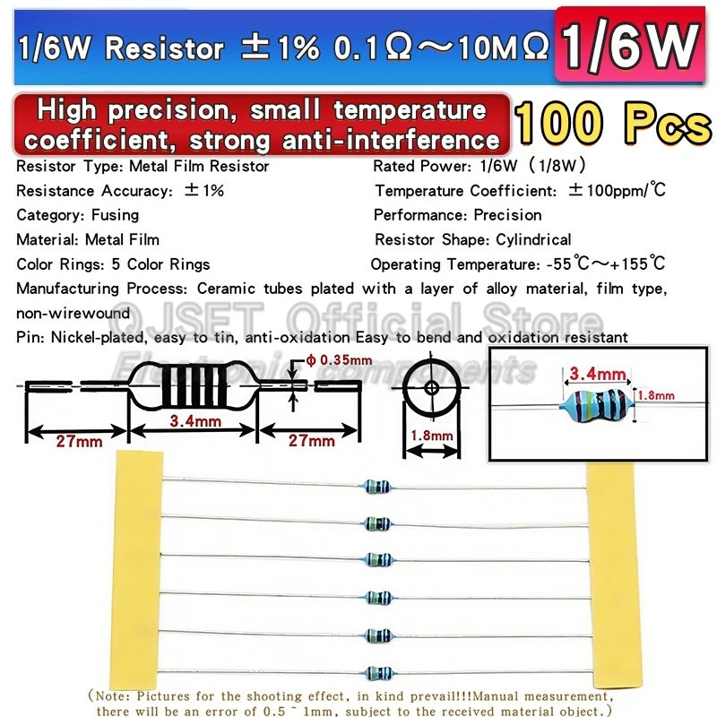 100pcs 1/6W Metal Film Resistors 1/8W 1% 0.125W 10 100 200 220 330 470 Ohm 4.7K 1K 2.2K 10K 47K 200k 220k 510k 100k 470K 1M Ohms
