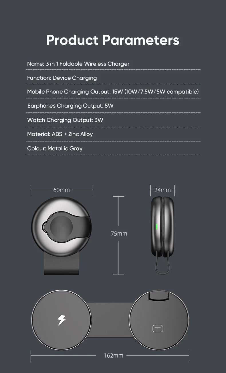 AUFU 3 in 1 Wireless Charging Station Fast Magnetic Foldable Travel Charger Station for iPhone 16 15 14 Pro Apple Watch Airpods