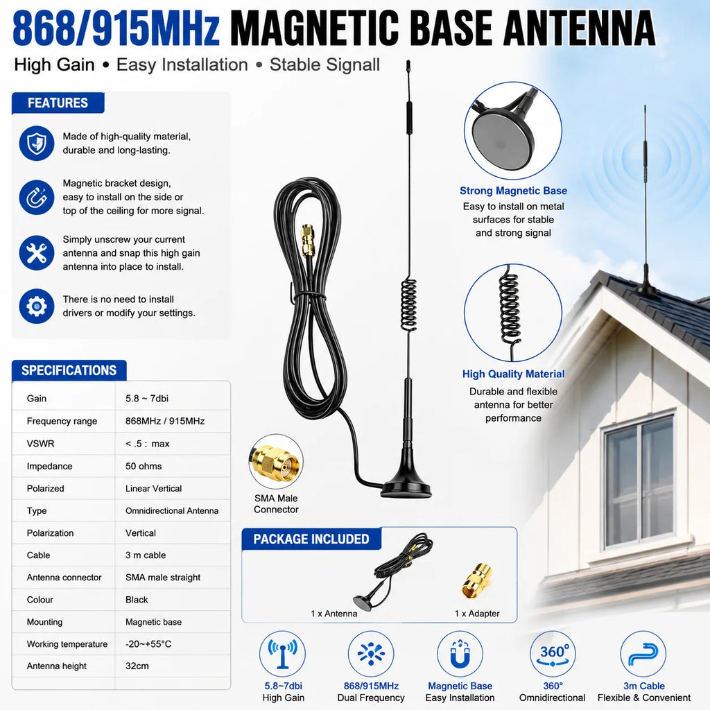 Omnidirectional LoRa Antenna 5.8dBi, 868MHz 915MHz, SMA Male & RP-SMA, 3m Cable with Bracket, for Miner Gateway Helium