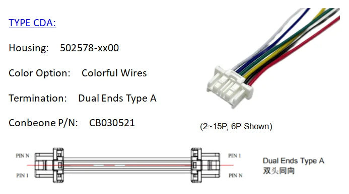 5025780800 Wire harness, MOLEX Click Mate 1.50mm Pitch Cable,502578-0800，8P, Off The Shelf, 10Pieces Per Bag