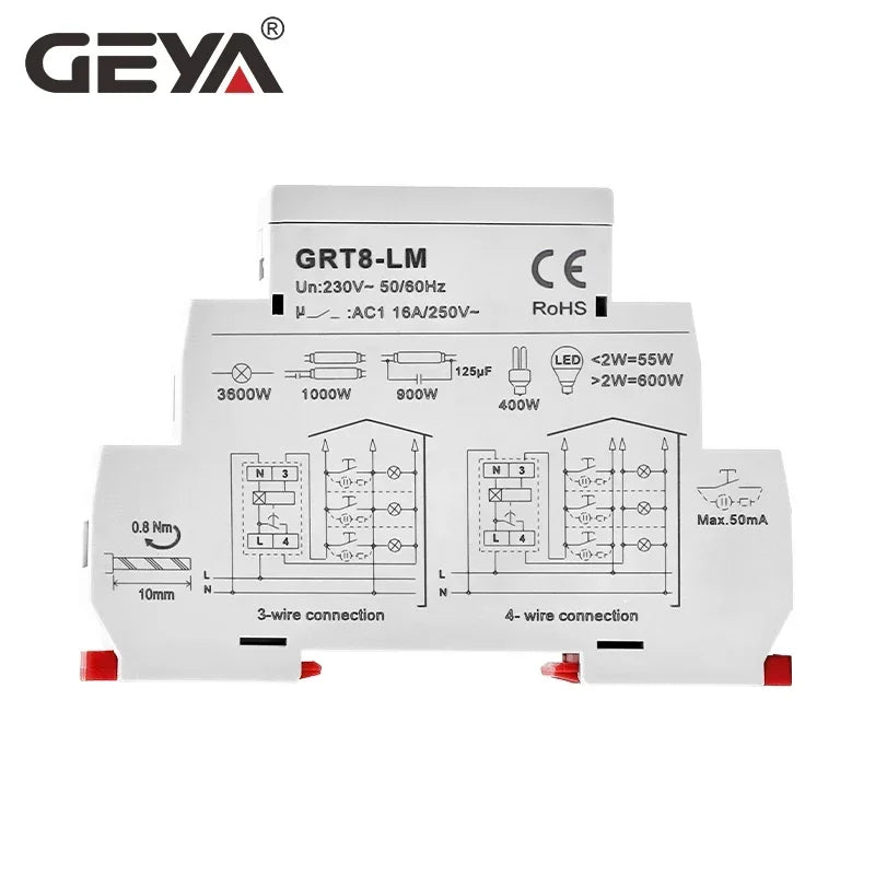 GEYA GRT8-LS/LM Din Rail Staircase Switch Lighting Timer Switch 230VAC 16A 0.5-20mins Delay off Relay Light Switch