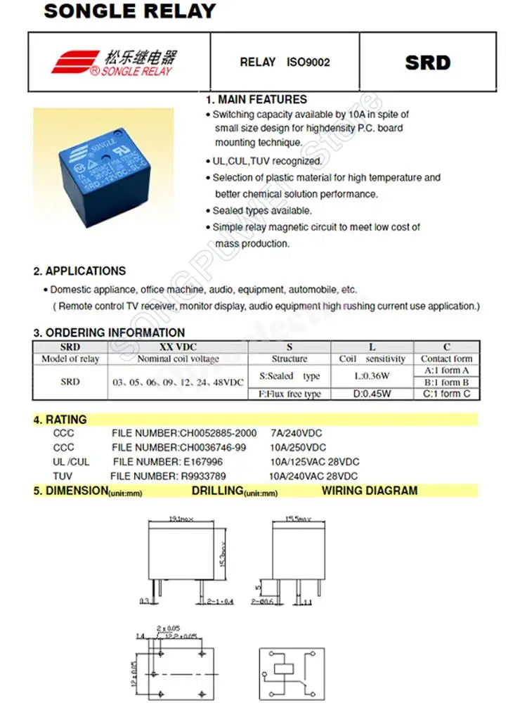 100Pcs/lot SRD-05VDC-SL-C SRD-12VDC-SL-C SRD-24VDC-SL-C SRD -03V 05V 06V 09V 12V 24V 48V DC Power Relays 10A 250VAC 5PIN T73