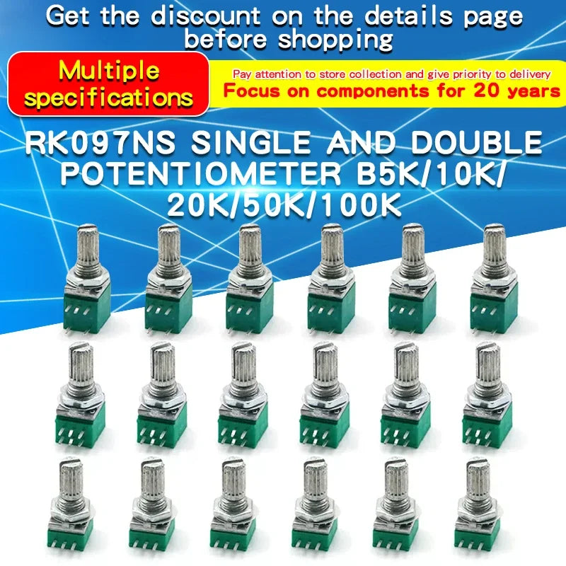 5PCS RK097NS G Single Double Potentiometer B5K/10K/20K/50K/100K Power Discharge Bit Speaker Audio
