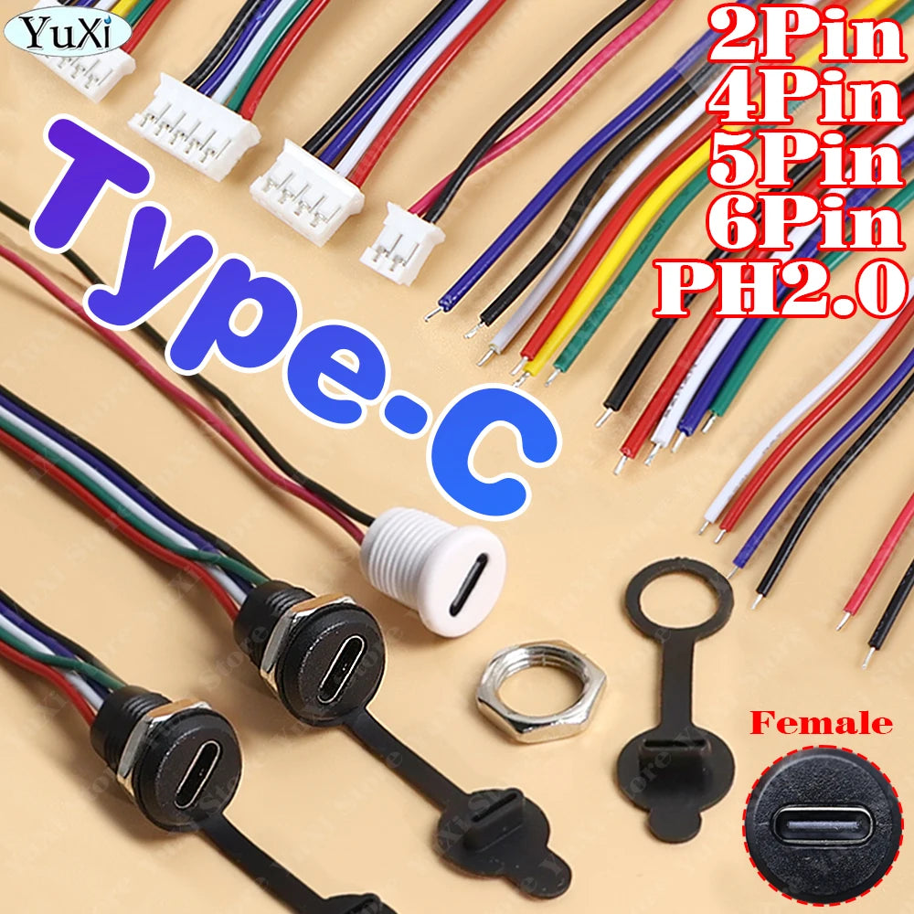 1–20pcs USB-C Type-C Waterproof Connector With Nut Locking Panel Mounting TPC Fast Charging Port Jack Socket 2/4/5/6 Pin PH 2.0