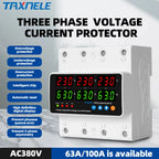 3 Phase Din Rail Voltmeter Ammeter Adjustable Over Under Voltage Current Limit Protection Monitor Relays Protector 63A 100A