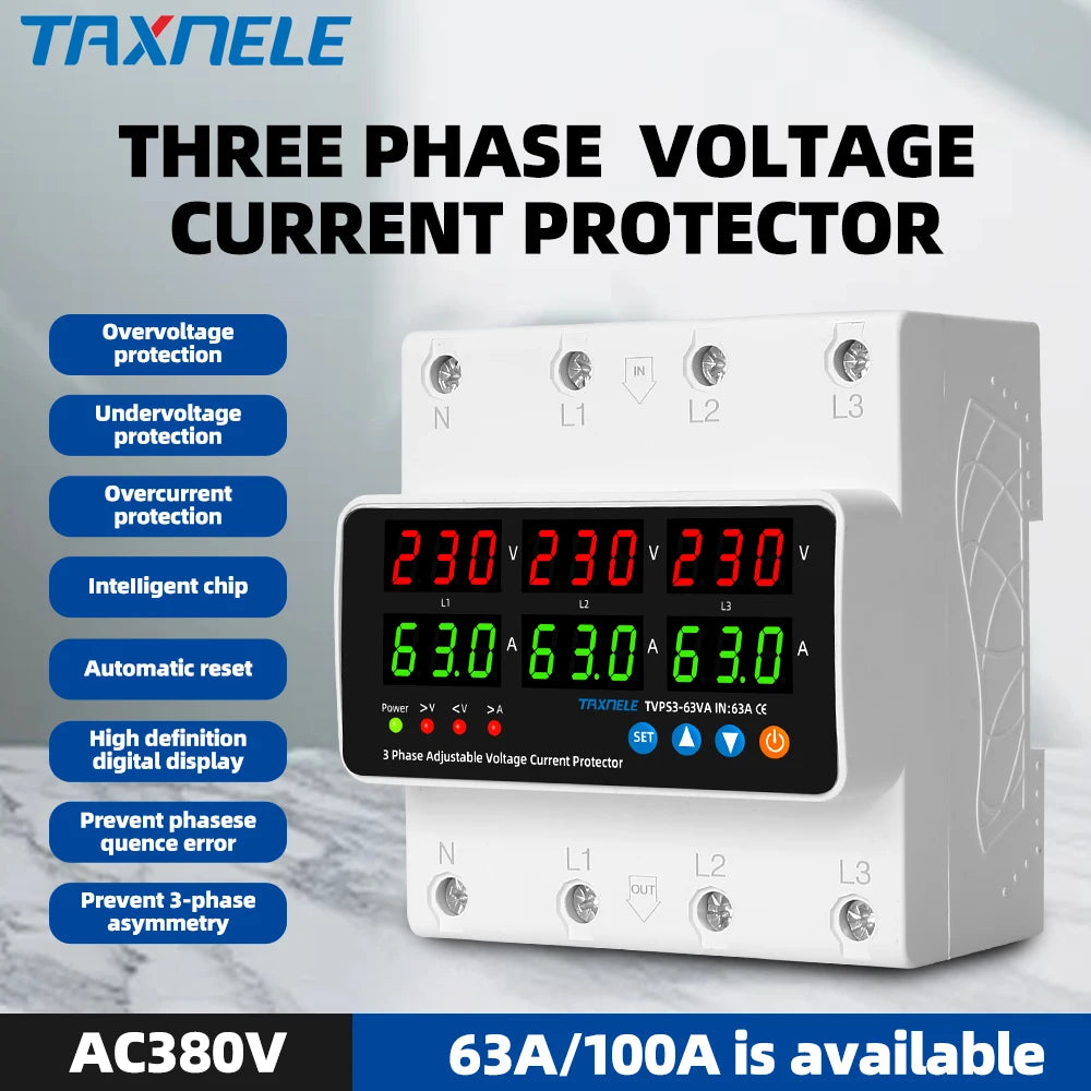 3 Phase Din Rail Voltmeter Ammeter Adjustable Over Under Voltage Current Limit Protection Monitor Relays Protector 63A 100A