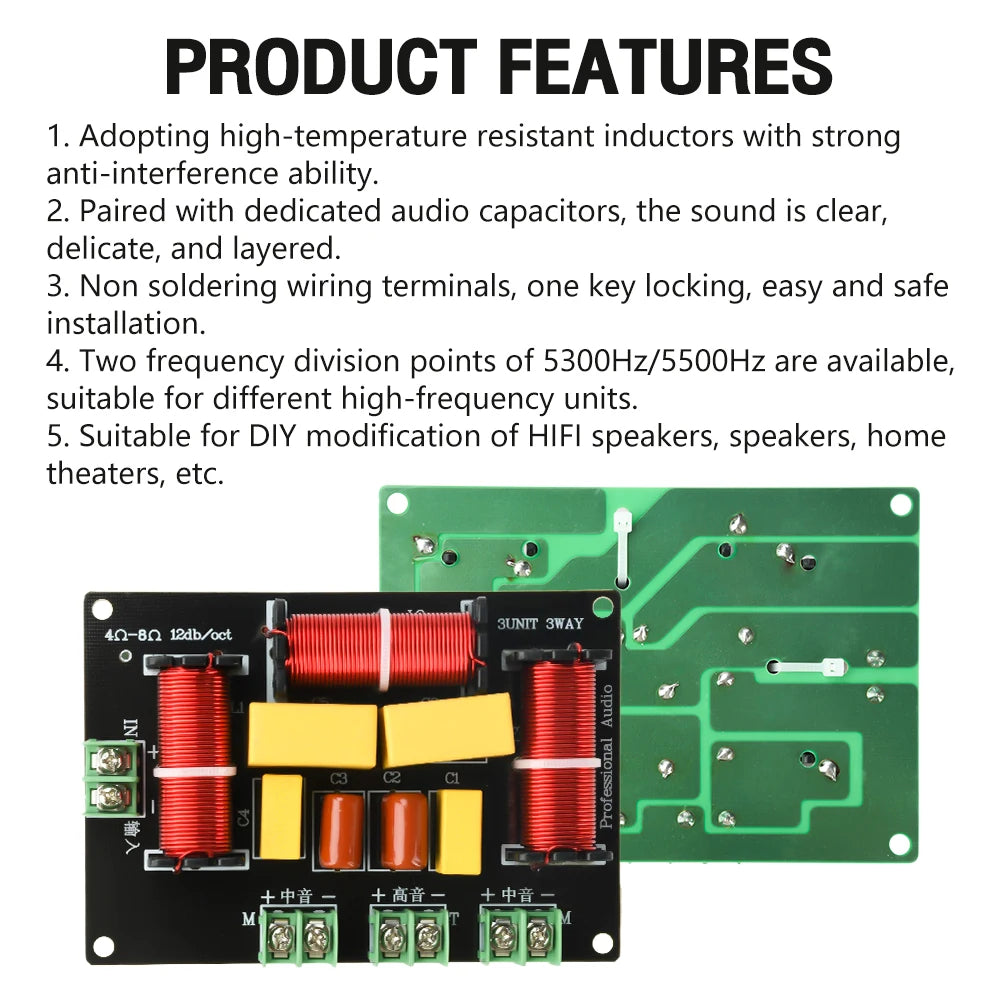200W Crossover 3 Way Home Theater Treble Bass Audio Sound Speaker Amplifier Frequency Divider Filter 3 Way Crossover