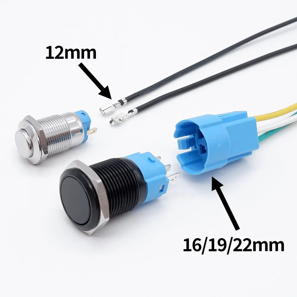 12 16 19 22mm Metal Push Button Switch Press Button Flat High Head 1NO 1NC Momentary Self Reset Locking Latching Black Switch