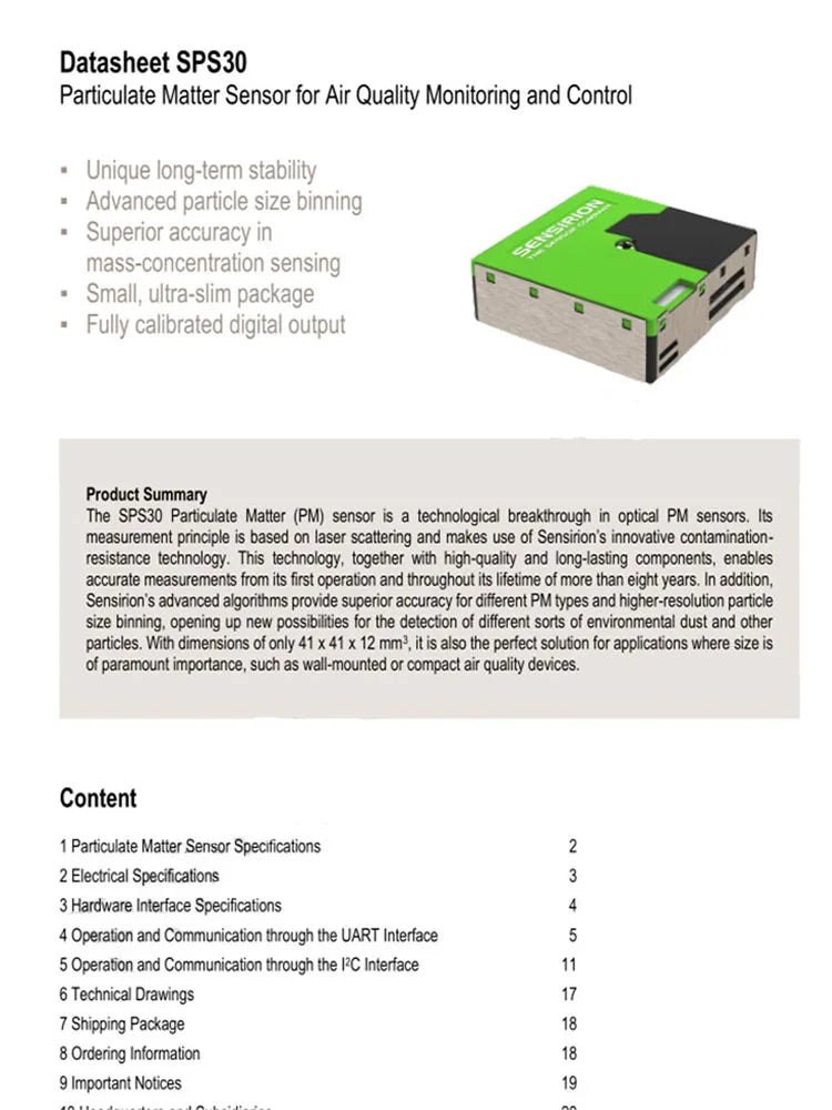 SPS30 Fine Dust Sensor (PM) Wiring SENSIRION Life of 8 years Pm2.5 Sensor SPS-30