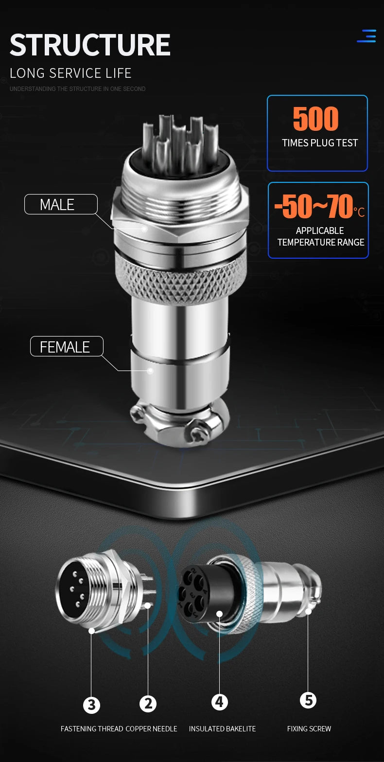 GX12 2/3/4/5/6/7Pin Nut Type Aviation Plug 12mm Circular Socket  Male & Female Electric Power Panel M12 Connector
