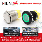 High Current 19mm 22mm 20A 12V 24V 110V 220V IP68 Waterproof Flat Ring Round Push Button Switch Metal Stainless Steel 20cm Wire