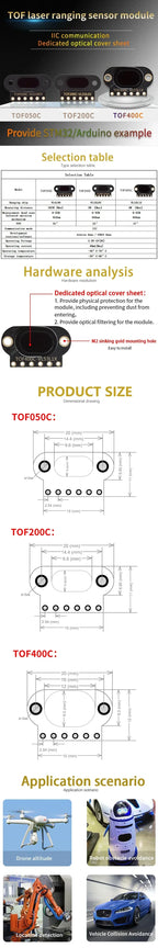 VL6180/VL53L0X/VL53L1X Time of Flight (ToF) Laser Ranging Sensor Module TOF050C TOF200C TOF400C 50CM/2M/4M IIC For Arduino STM32