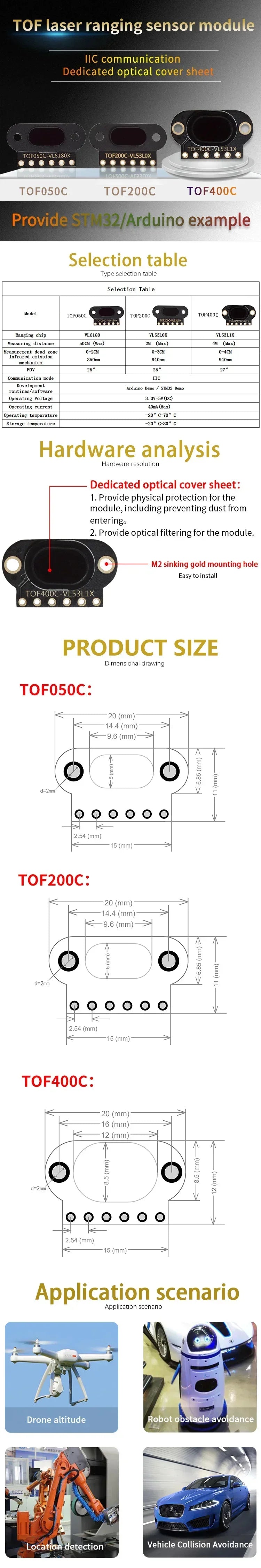 VL6180/VL53L0X/VL53L1X Time of Flight (ToF) Laser Ranging Sensor Module TOF050C TOF200C TOF400C 50CM/2M/4M IIC For Arduino STM32