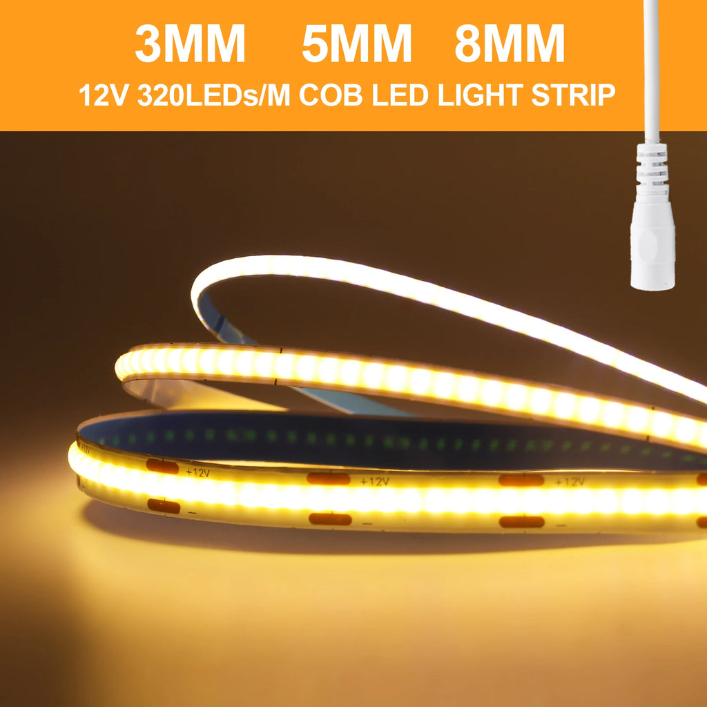 DC 5V/12V/24V COB LED Strip 3MM 5MM 8MM 320Leds/M High Density Flexible COB LED Tape Light For Cabinet Home Linear Lighting