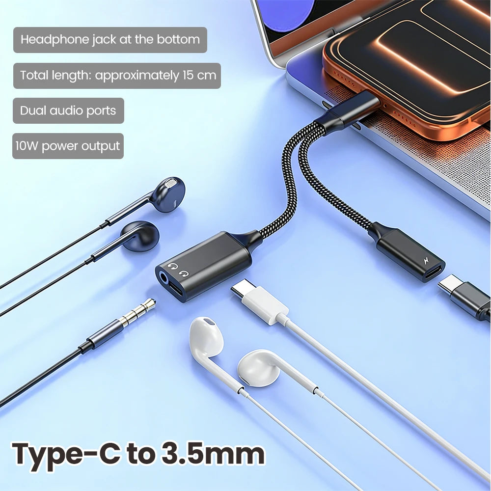 3 in 1 USB C Adapters Type-C to 3.5mm/Type-C Headphones+ Type-C Charging Connector For iPhone 15-17 Xiaomi Huawei Samsung Phones