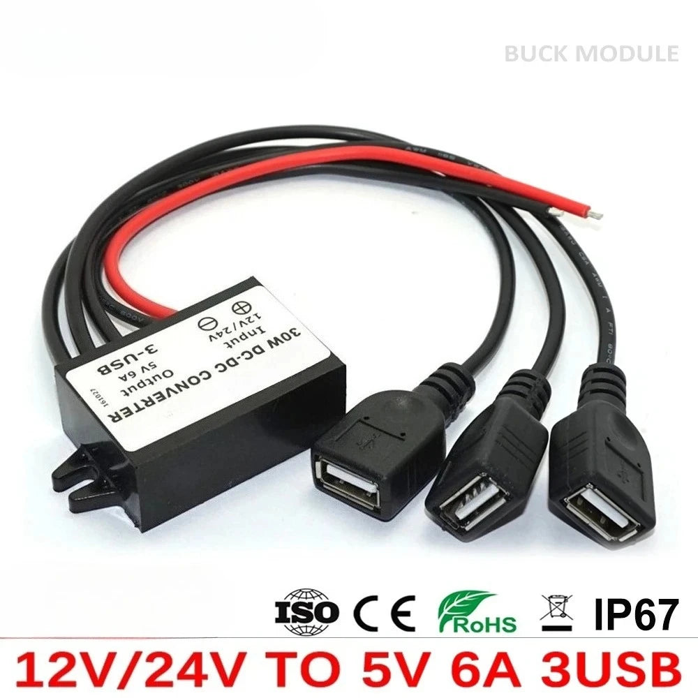 Car Power Converters 12V 24V to 5V 6A 30W Power Adapter DC Step Down Buck Power Converter with Triple USB Output for Car Phone C