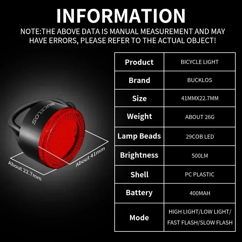 BUCKLOS COB Bike Taillights Headlight USB Rechargeable Bicycle Safety Warning Light MTB LED Front Rear Lantern Cycling Lamp Set