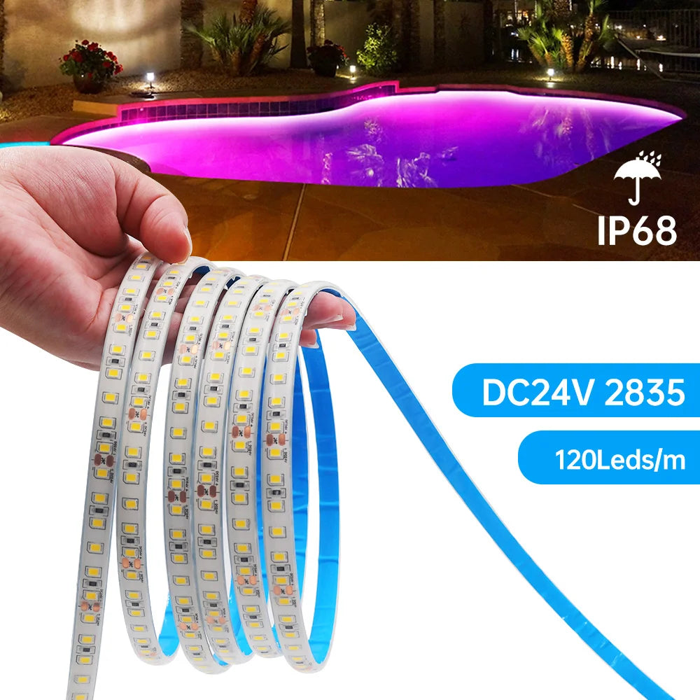 12V 24V 5m 10m 20m LED Strip Light IP68 Waterproof 2835 9 Colors Flexible Tape with 2pin Wire 120LED/m Bright Ribbon 0.5m 1m 2m