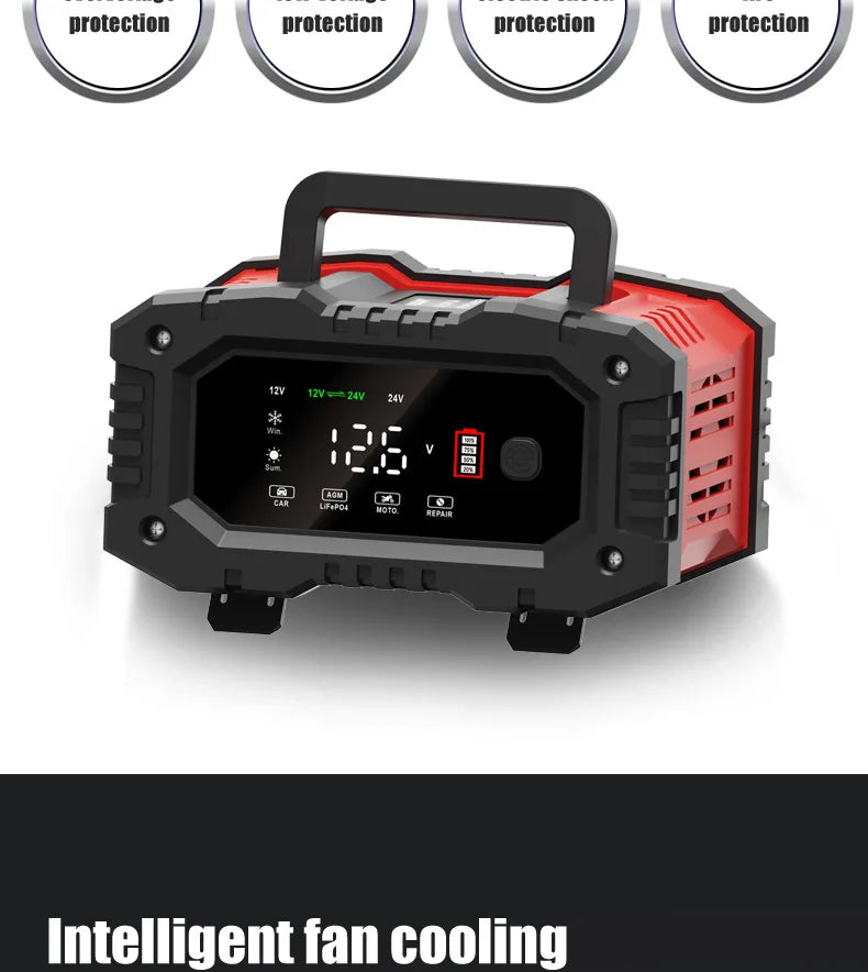 12v/24v Fully Automatic Battery Charger 7-segment Smart Car Battery Charger Pulse Repair for Agm Gel Wet Lead Acid Charging