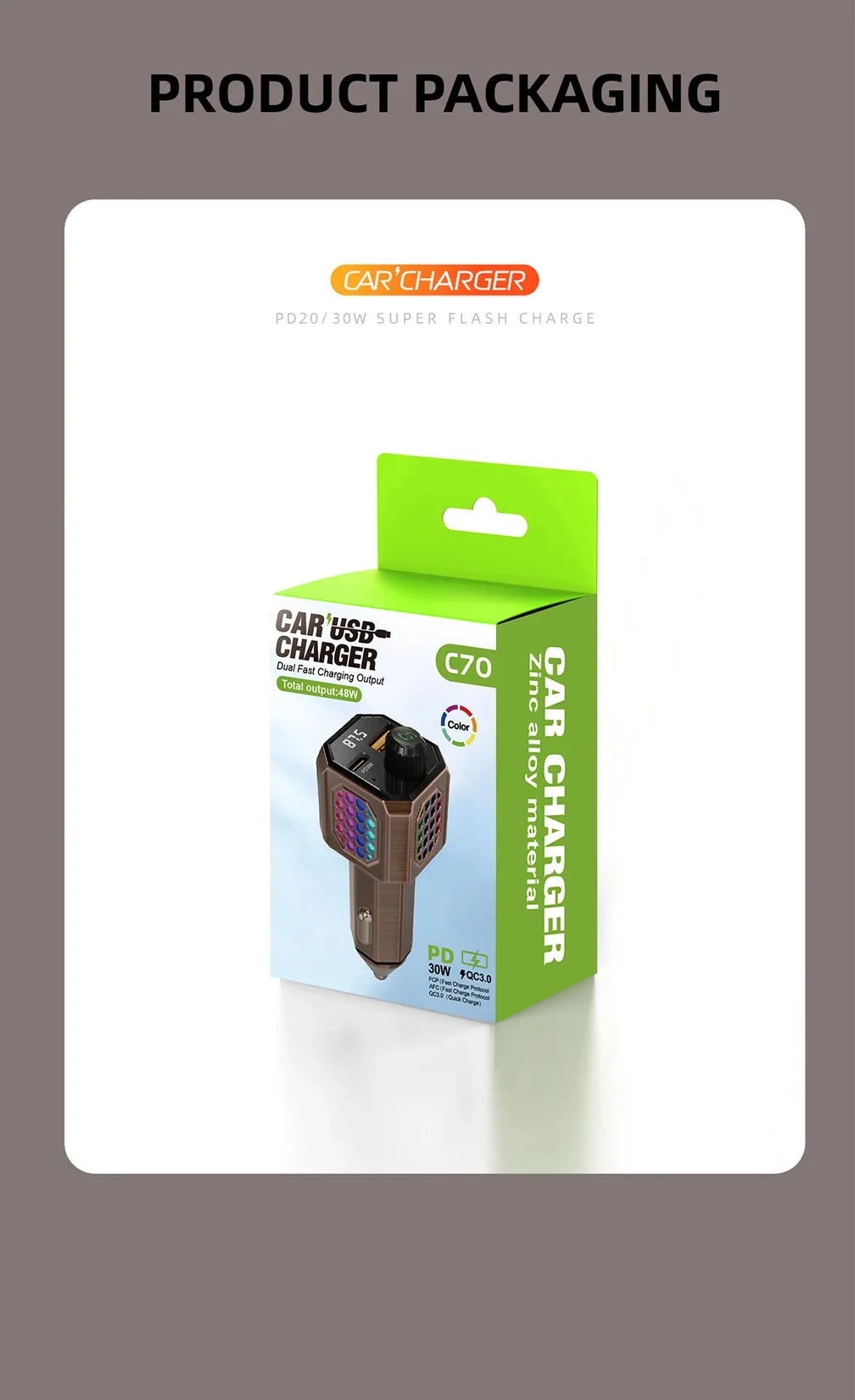 Car Adapter Bluetooth FM Transmitter For Car PD30W&QC3.0 Car Charger Bluetooth Adapter Zinc Alloy Color Light Hands-Free