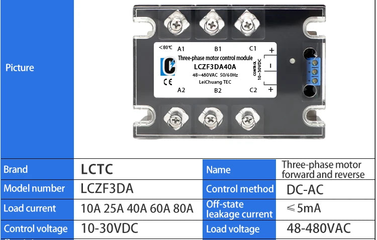 LCTC Three Phase Solid State Relay Forward and Reverse Control Relay DC Motor Stater 10A 25A 40A 60A 80A 10-30VDC 40-480VAC DA
