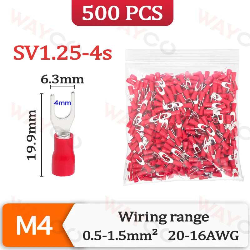 500PCS Fork Crimp Terminal M4/M5/M6 Spade Plugs Pre-insulated Ferrules Lugs For Splice Electricals Cable Wire End Connectors