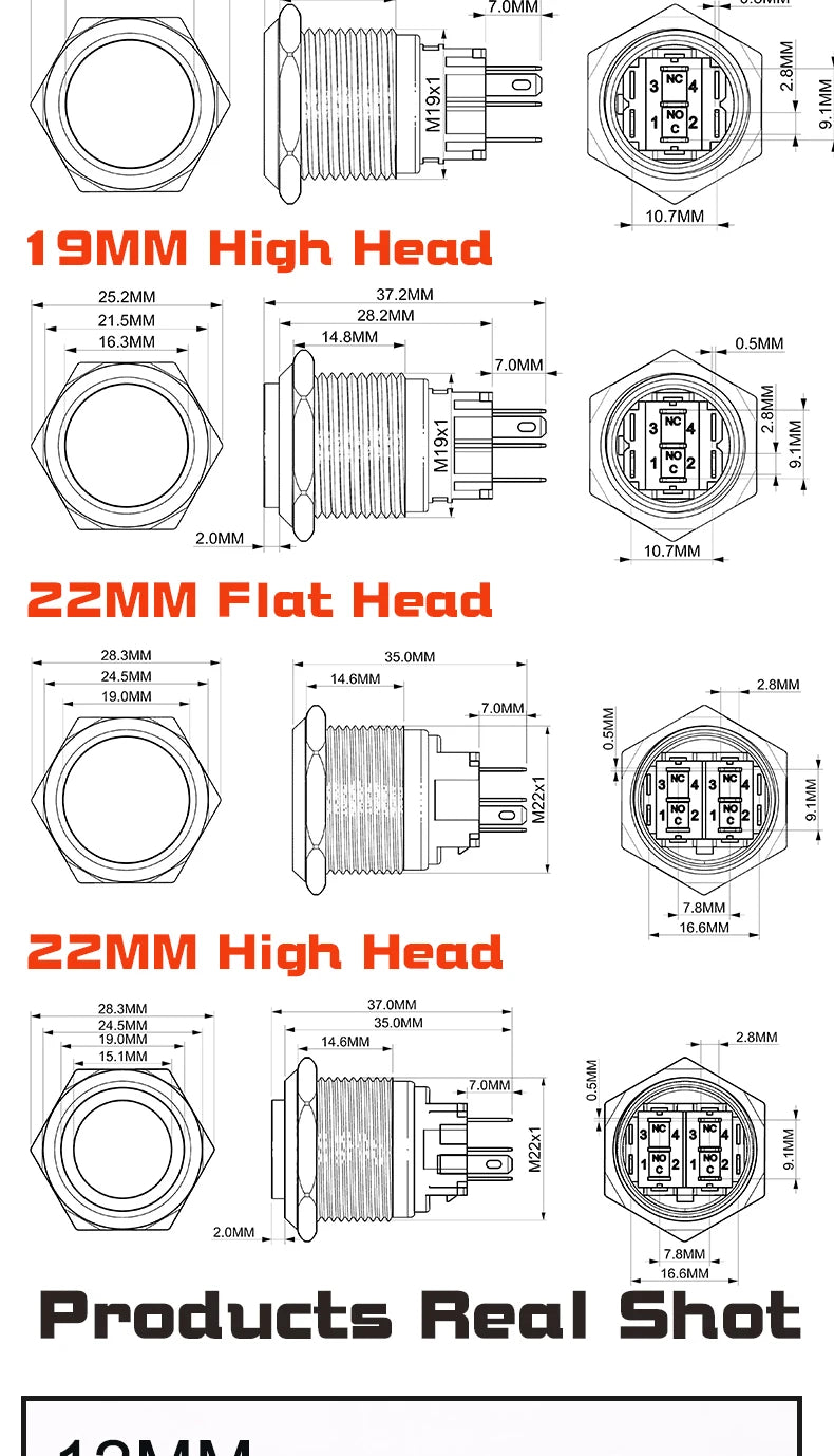12/16/19/22MM Metal Button Switch No Lights Oxidized Black Momentary Reset Latching With Connector 12V 24V 220V