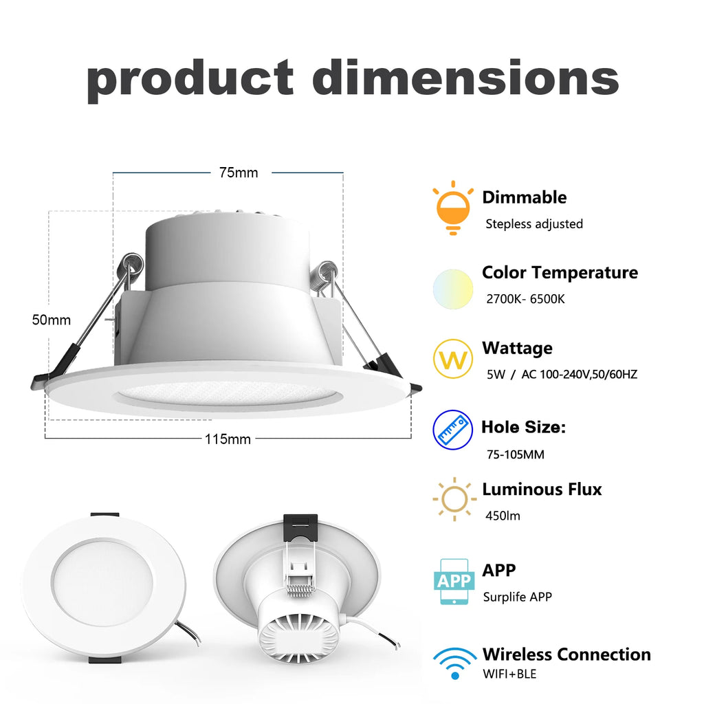 1-10PCS 5W Smart LED Downlight WiFi Ble Ceiling Lamp RGB Lamp APP Remote Control Color Changing Light for Google Alexa Home