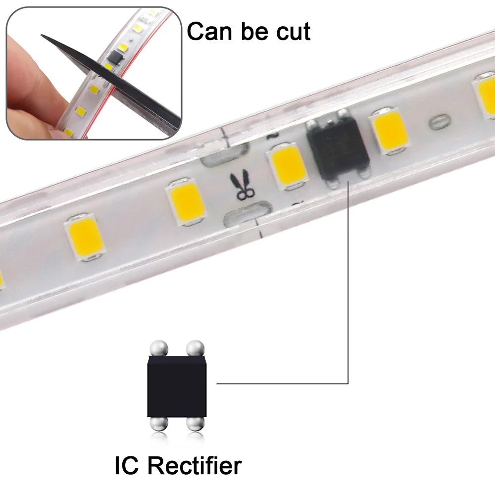 AC 220V 2835 LED Strip Light Waterproof IP67 120 LEDs Flexible Tape Lamp with IC Home Lighting White 0.5m 1m 2m 5m 10m 20m 50m
