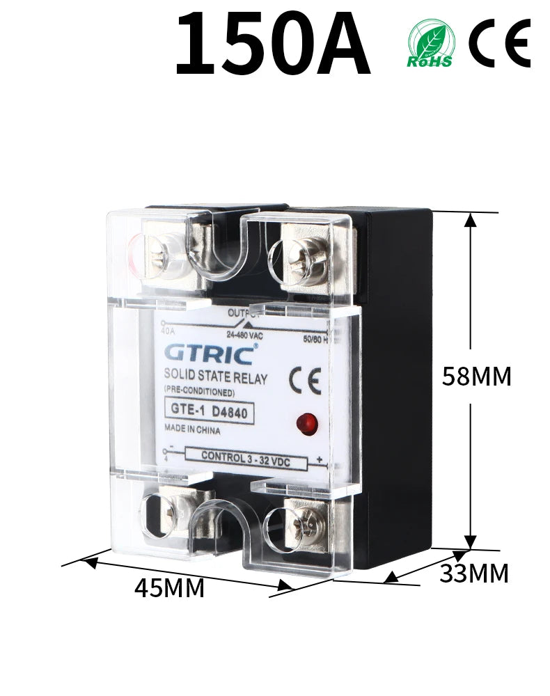 GTRIC SSR Solid State Relay Module 10A 25A 40A 50A 60A 80A 100A DC To AC AC To AC DC To DC 24-380V AC Single Phase Control Relay
