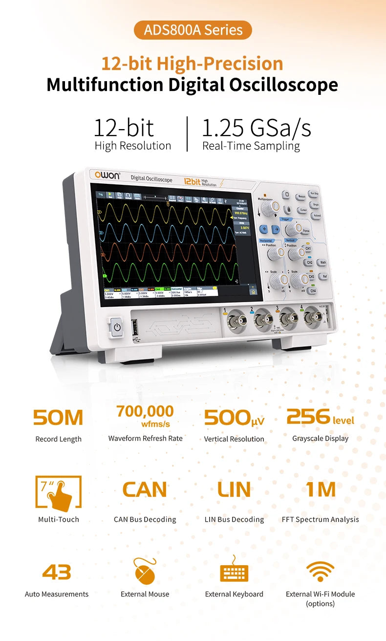 OWON ADS800A Portable Digital Oscilloscope 100MHz Bandwidth 1GSa/s 7" TFT-LCD Storage Multimeter Auto Measure USB/PC Connect
