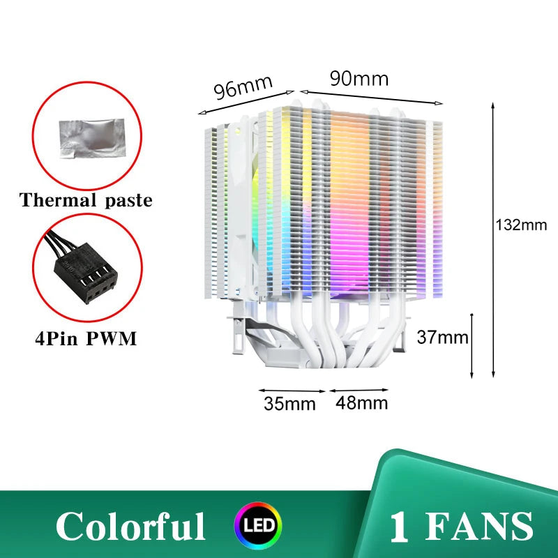 6 Heat Pipes CPU Cooler Black/White Silent RGB Cooling Fan for Intel LGA 1700 1200 1150 1151 1155 2011 X79 X99 1366 AMD AM5 AM4